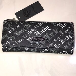 Ed Hardy Black Faux Leather Flap Wallet & Differing White Ed Hardy Fonts NWT